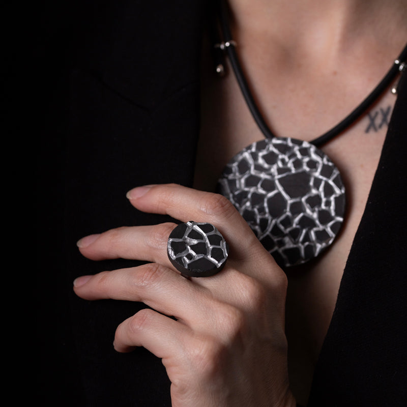 Large black and silver Patti round necklace