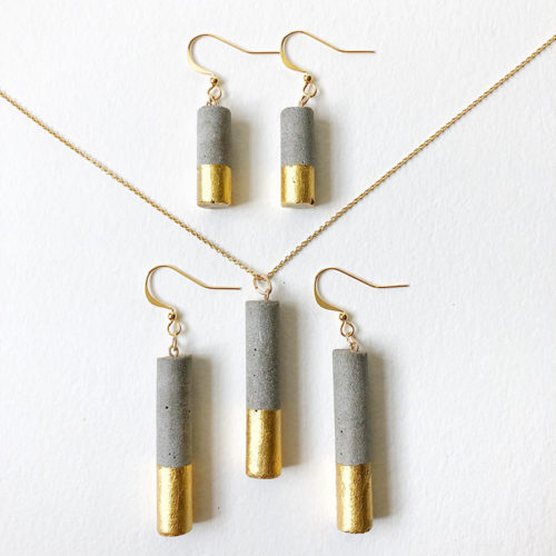 cylindrical earrings and necklace in concrete and 24 carat gold leaf Luna by Icy Mouse