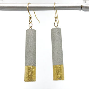 long cylindrical earrings in concrete and 24 carat gold leaf Luna by Icy Mouse