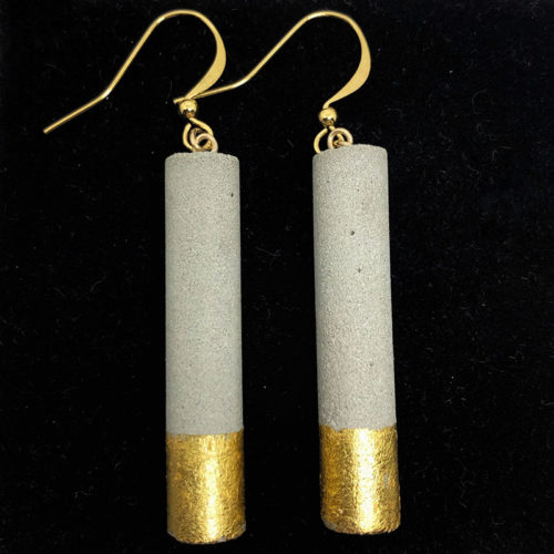 long cylindrical earrings in concrete and 24 carat gold leaf Luna by Icy Mouse