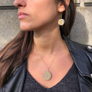 round earrings and round necklace in golden mosaic effect concrete, by Icy Mouse original jewelry