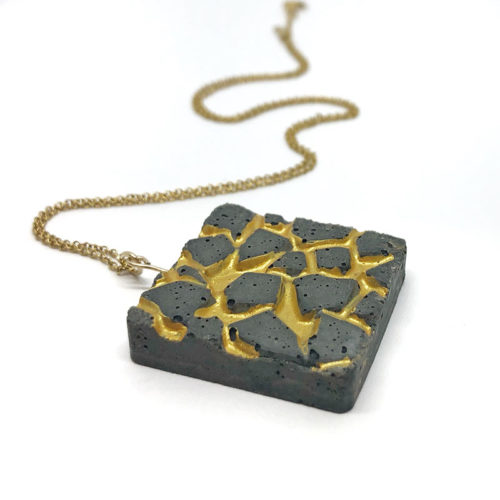 square necklace in black concrete gold network Patti by Icy Mouse